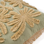 Housse de coussin vert olive en coton avec palmiers brodés beige et franges