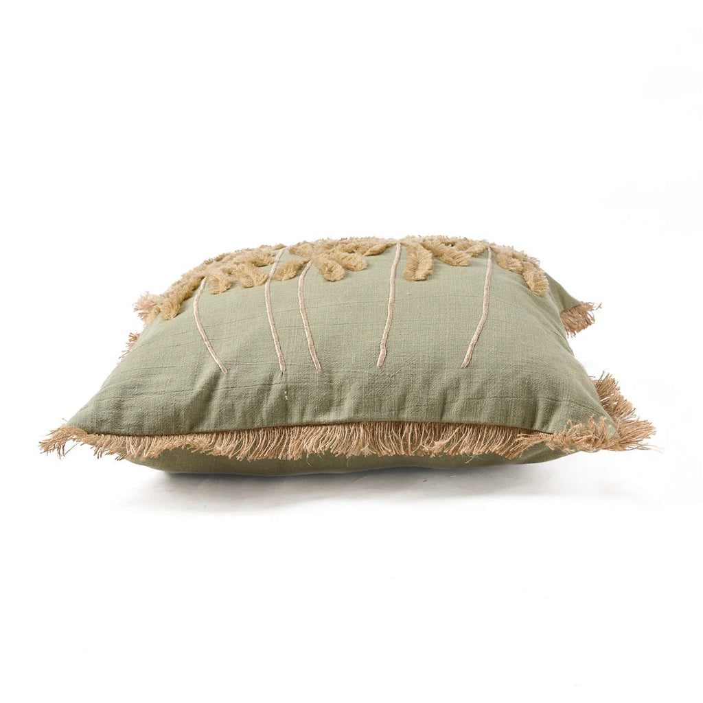 Housse de coussin coton vert olive avec palmiers brodés et franges