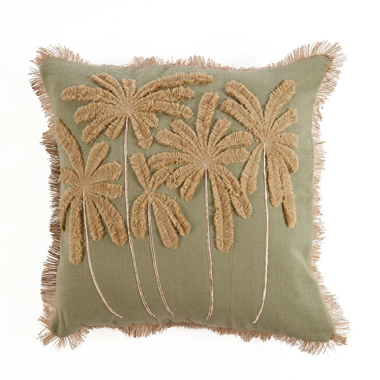 Housse de coussin coton vert olive avec palmiers brodés et franges