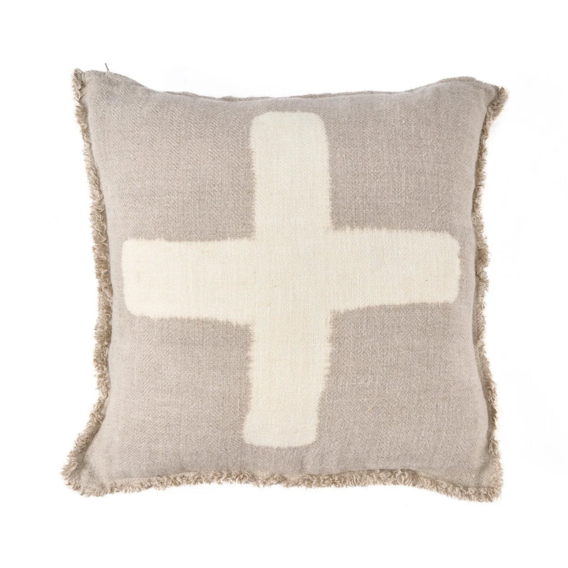 Housse de coussin en lin beige à motif croix et franges – 50x50 cm