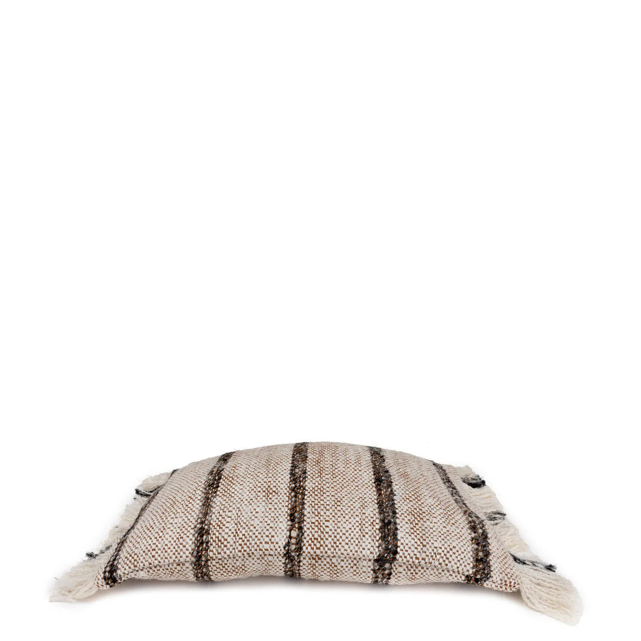 Coussin rectangulaire en coton beige avec rayures verticales foncées et franges