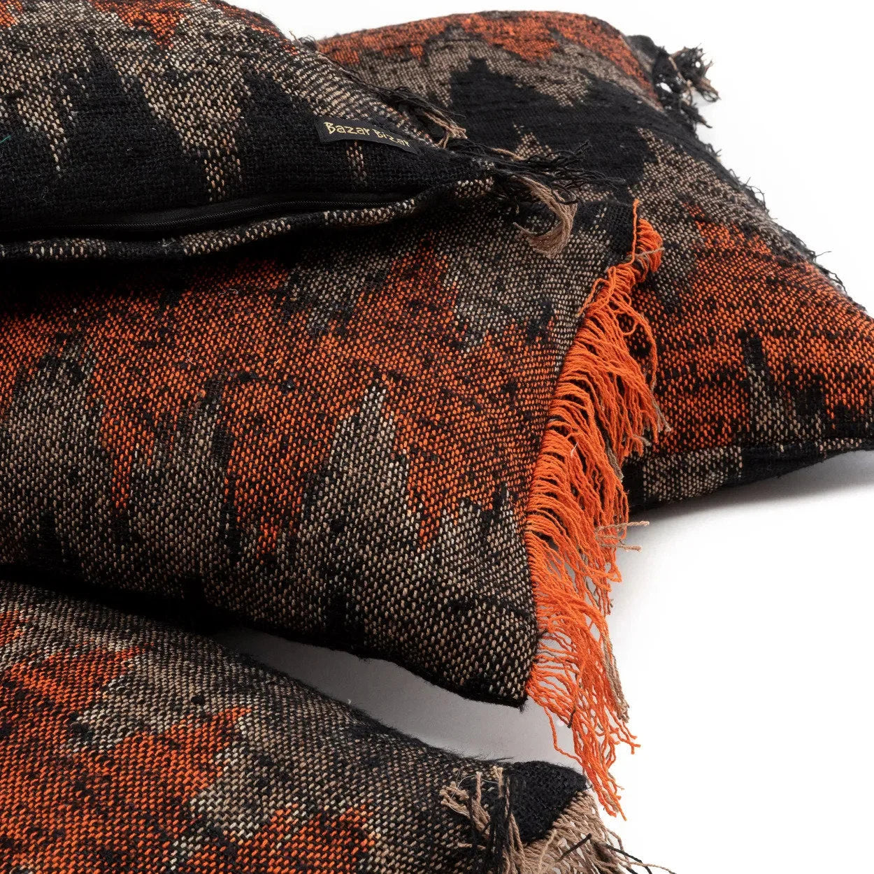 Housse de coussin rectangulaire en coton noir orange à motif chevron et franges - 30x50 cm