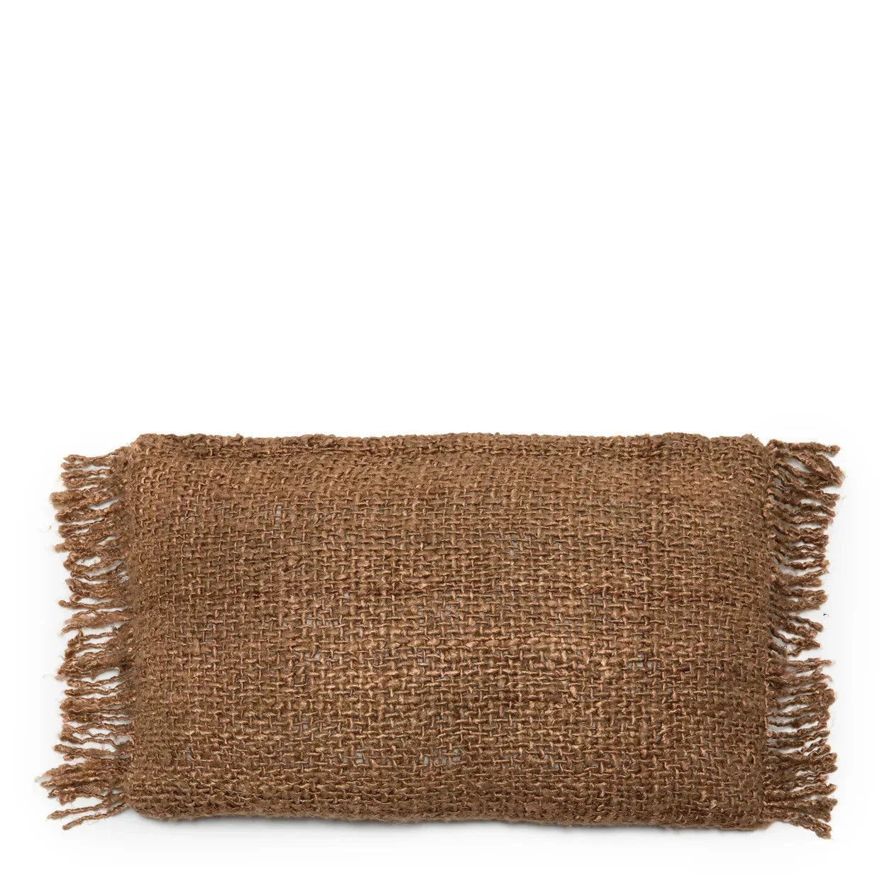 Housse de coussin rectangulaire marron en coton avec tissu en toile de jute à franges