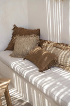Housse de coussin rectangulaire marron coton avec textures et franges, 30x50 cm