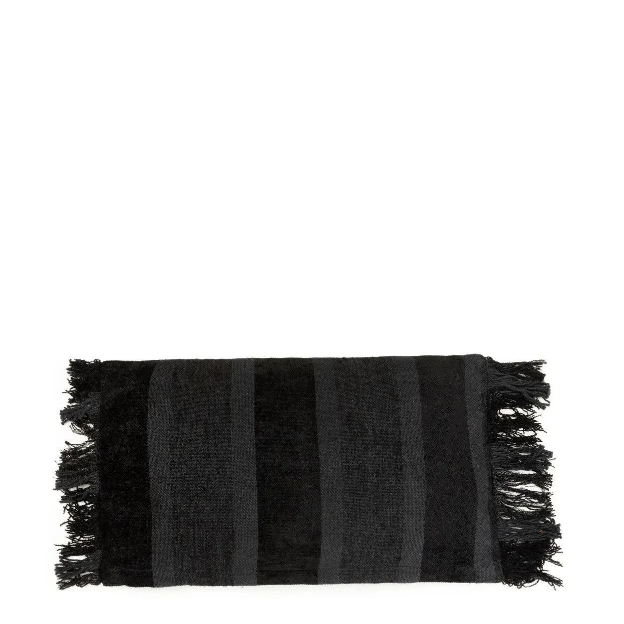 Housse de coussin rectangulaire rayé en velours noir à franges – 30x50 cm