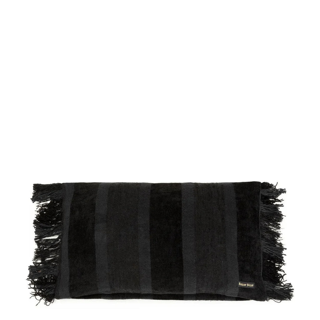 Housse de coussin rectangulaire rayé en velours noir à franges – 30x50 cm