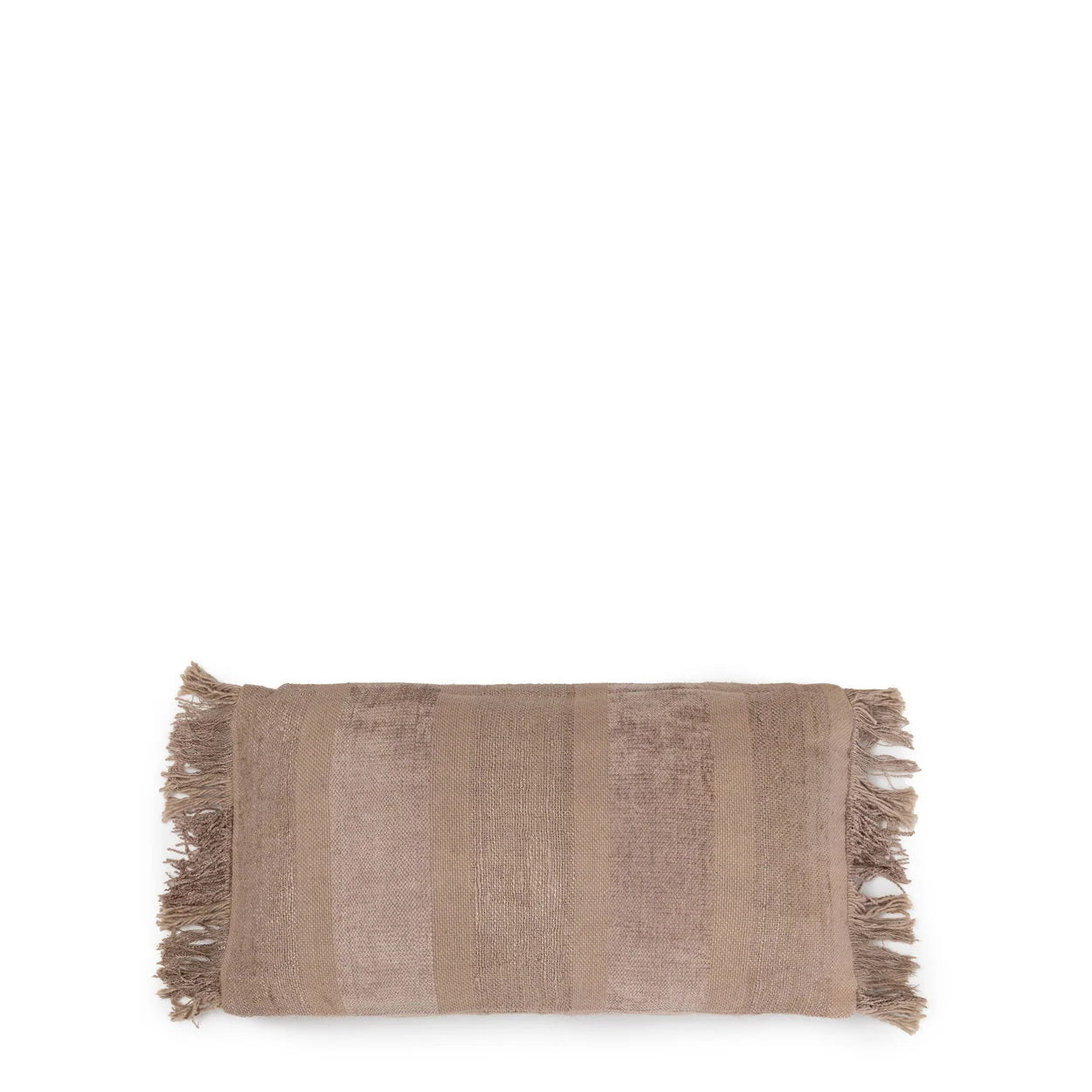 Coussin rectangulaire en velours côtelé beige avec textures, rayures et franges