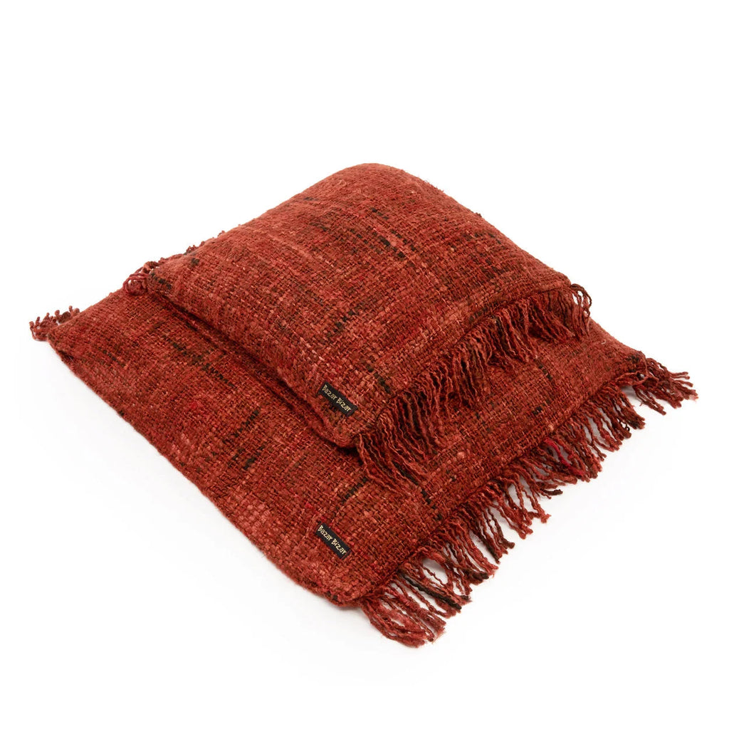 Coussins rectangulaires en coton tissé rouge cerise avec franges, 40x40 cm