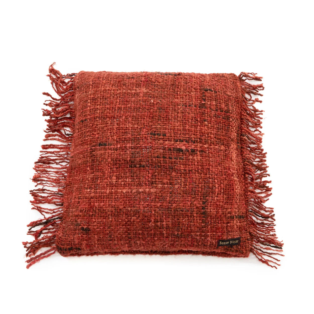 Housse de coussin rouge cerise en coton tissé avec texture et franges, 40x40 cm