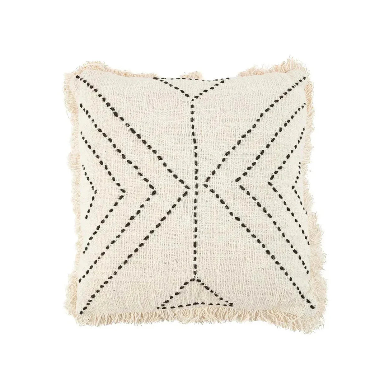 Housse de coussin carrée crème 50x50 cm en raphia naturel avec couture géométrique noire et bords effilochés pour salon