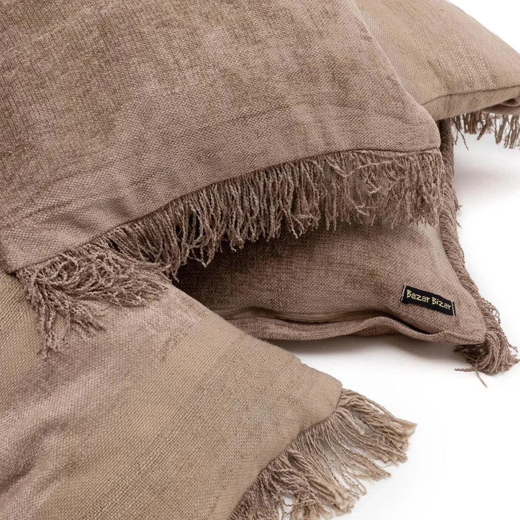 Coussins en lin brun avec frange, Housse de coussin velours Béton 100x35 cm
