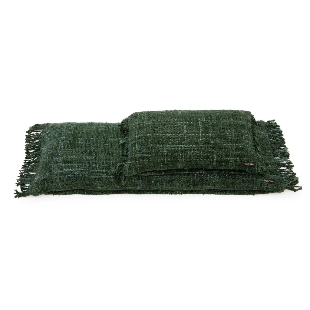 Housse de coussin vert forêt en coton tissé avec texture et franges, 35x100 cm