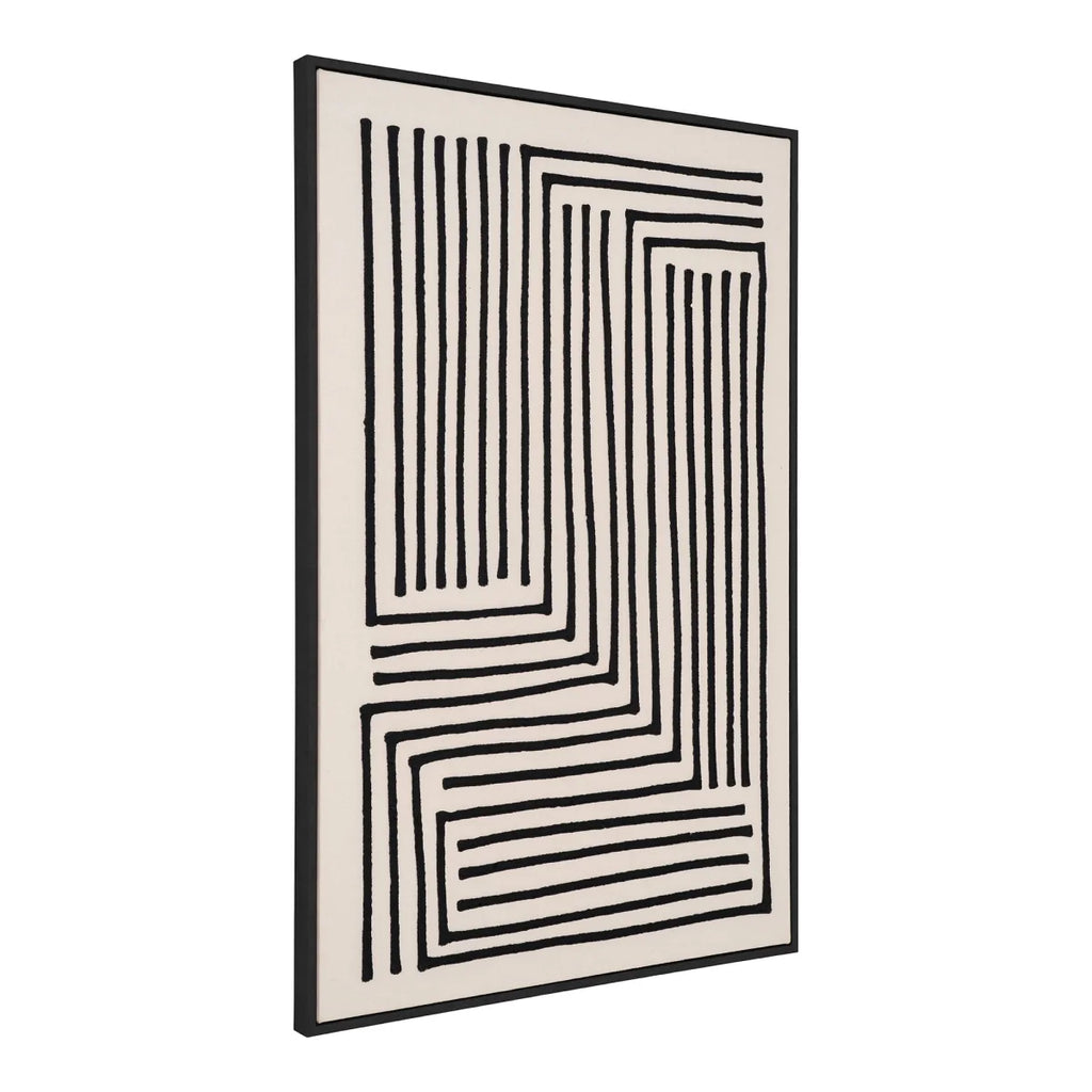 Art mural abstrait encadré noir avec motifs géométriques sur fond crème, 60x90 cm