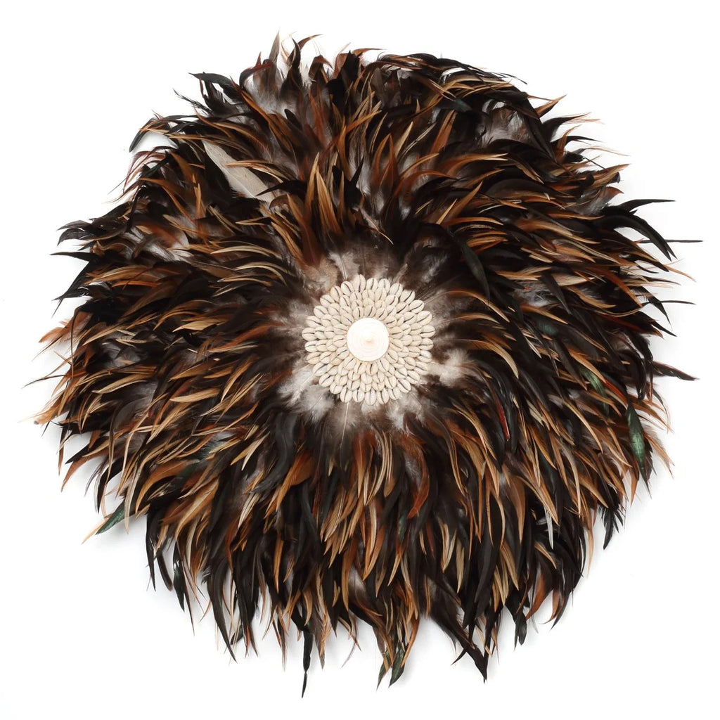 Décoration murale ronde en plumes et coquillages marron et noir, diamètre 60 cm
