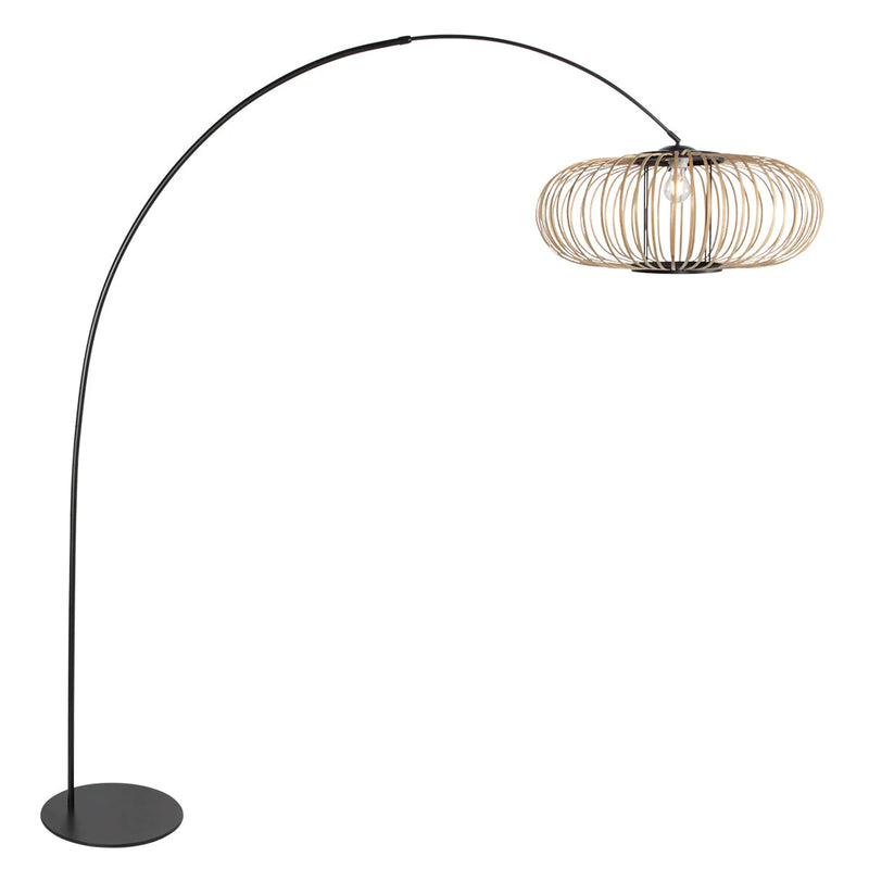 Lampadaire à arc métal noir abat-jour ajouré effet rotin naturel – H190 cm