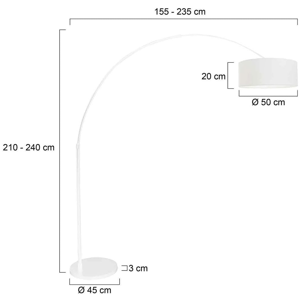 Lampadaire arc blanc en métal avec abat-jour en tissu et base ronde H240 cm