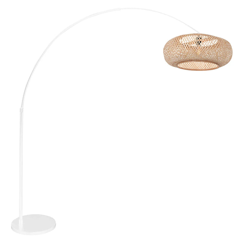 Lampadaire arc en fibres naturelles ajourées blanc et paille – H180 cm