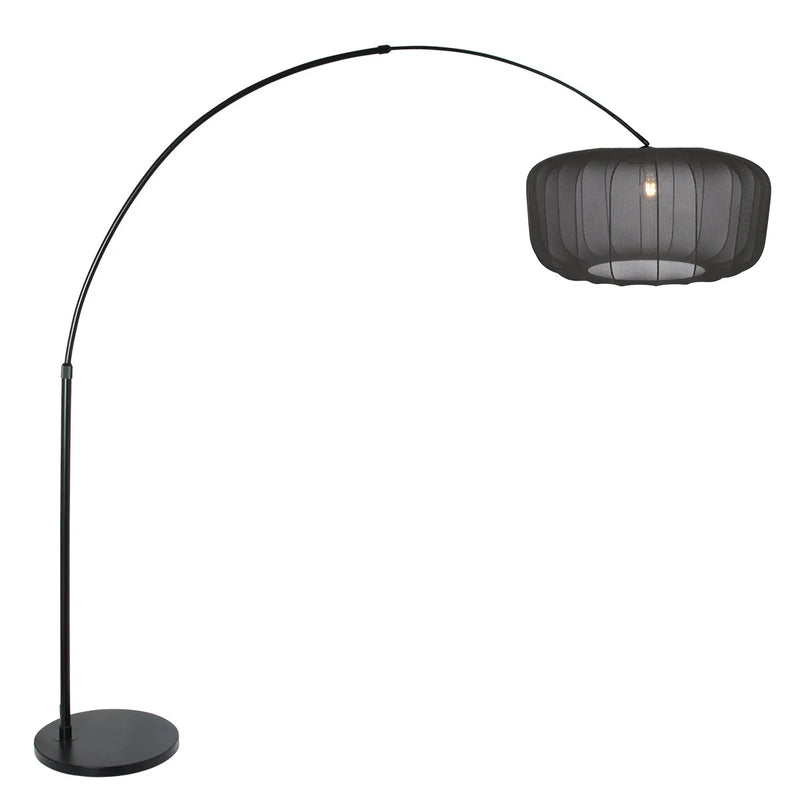 Lampadaire arc noir mat en métal abat-jour plissé fumé – H180 cm