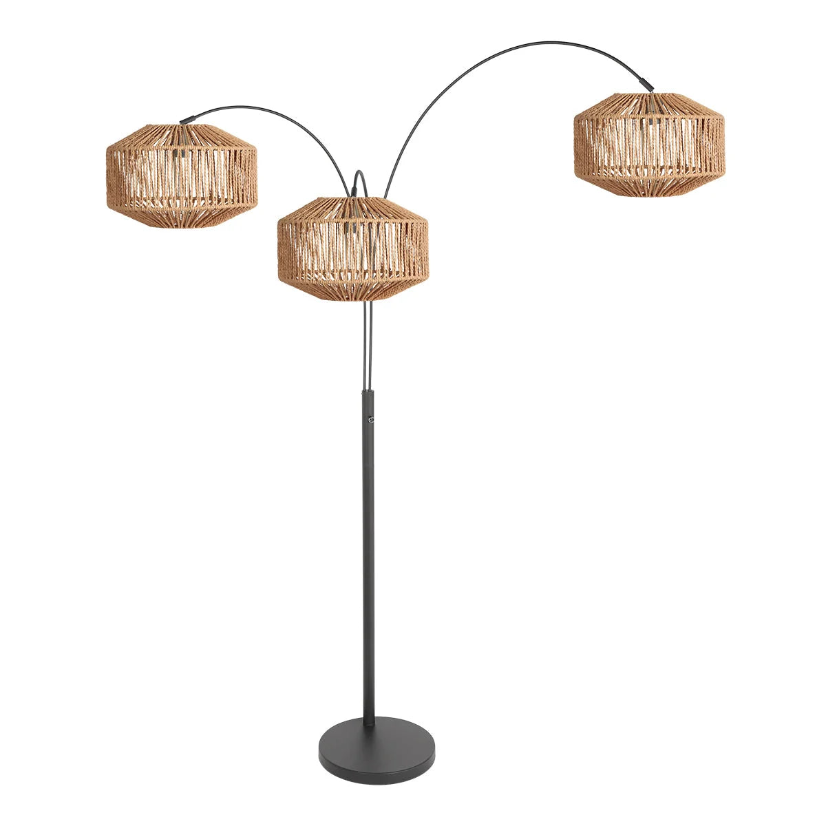 Lampadaire arqué 3 bras métal noir abat-jour rattan tressé