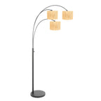 Lampadaire arqué 3 lumières en métal noir avec abat-jours en fibres naturelles