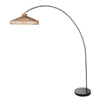 Lampe arqué en métal noir avec abat-jour en corde tressée ajourée, H185 cm