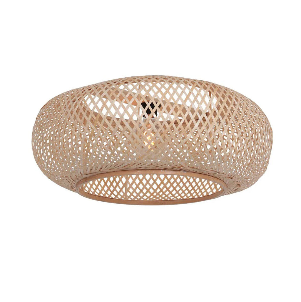 Lampe en bambou ajouré et métal noir, H175 cm, motif diamant tressé beige