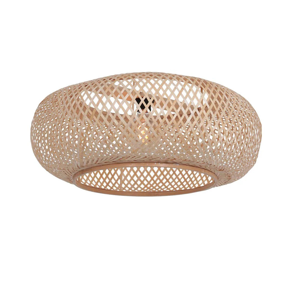 Lampe en bambou ajouré et métal noir, H175 cm, motif diamant tressé beige