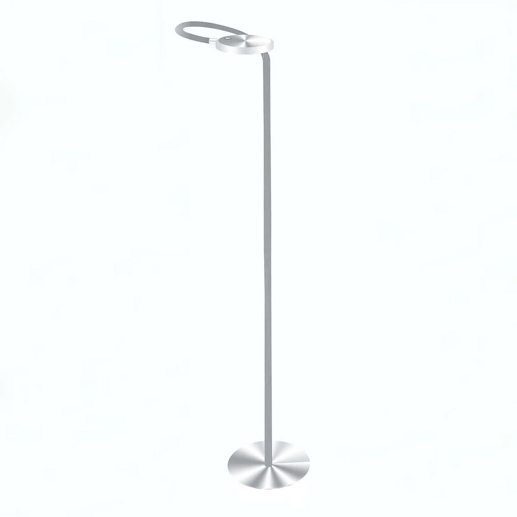 Lampadaire en métal argenté avec tête circulaire et bras orientable, H132 cm