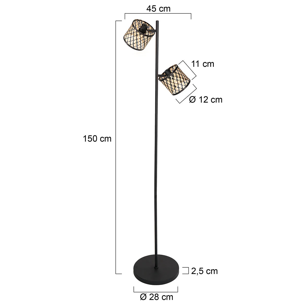 Lampadaire en métal noir avec abat-jours en cannage ajouré, H160 cm
