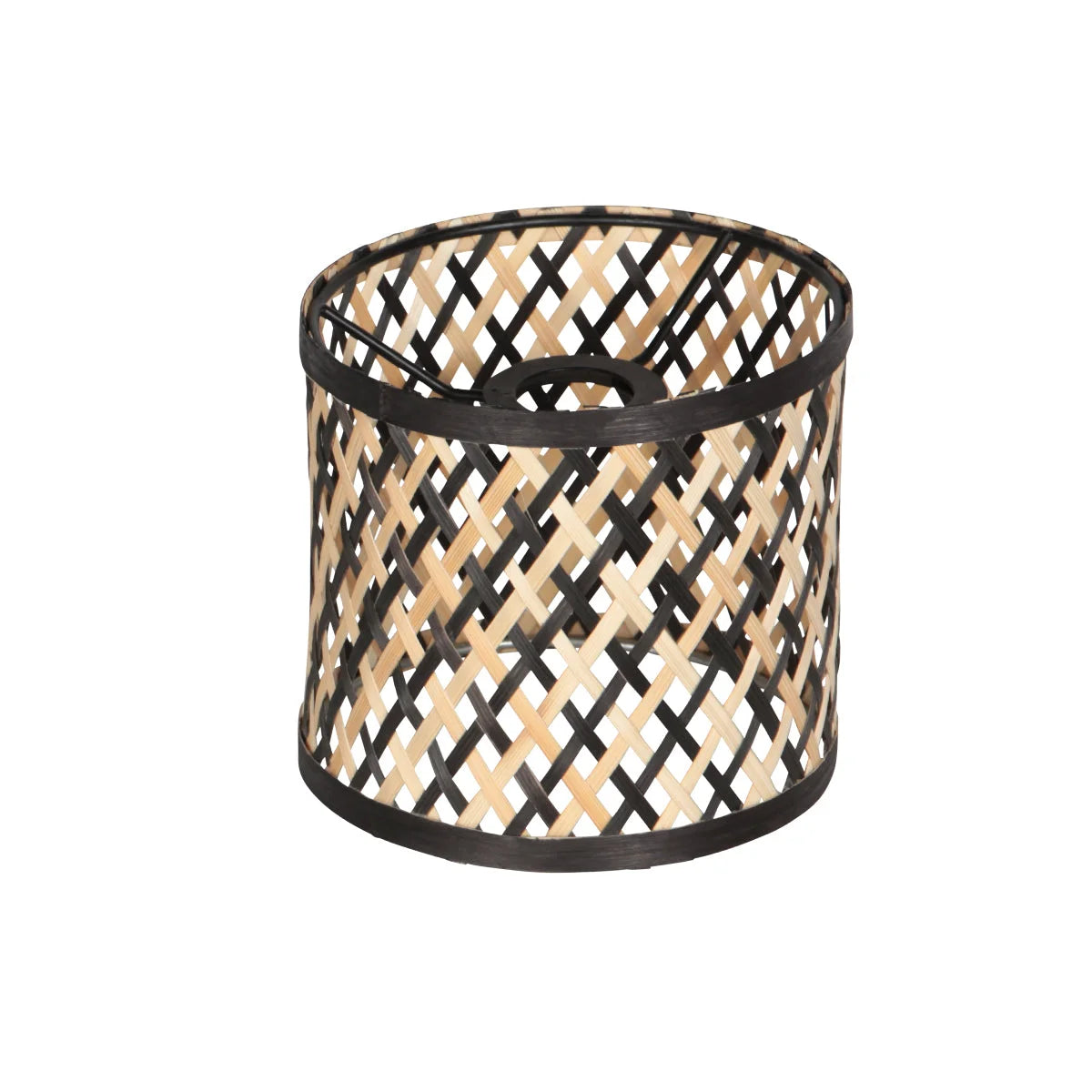 Abat-jour cylindrique en cannage naturel ajouré et métal noir, H160 cm