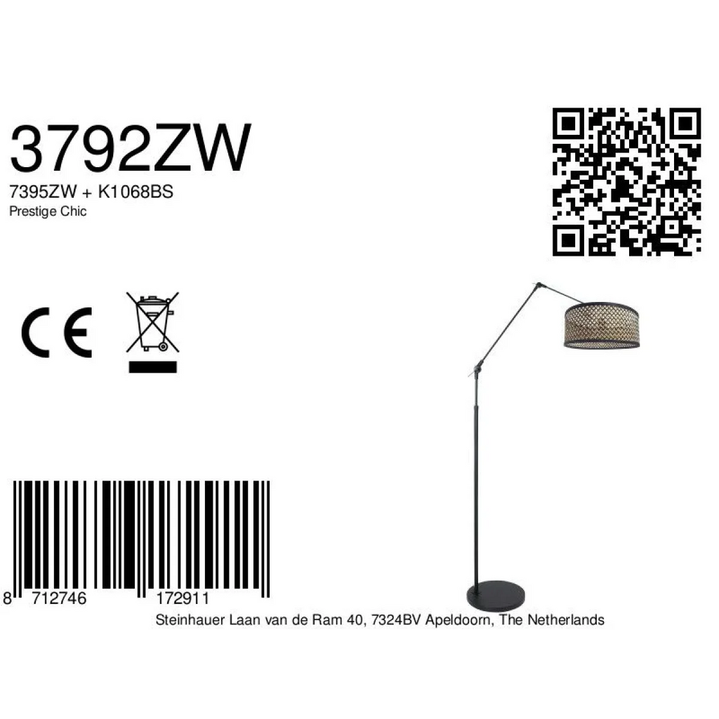 Lampadaire en métal noir avec abat-jour tressé ajouré orientable et hauteur de 150 cm
