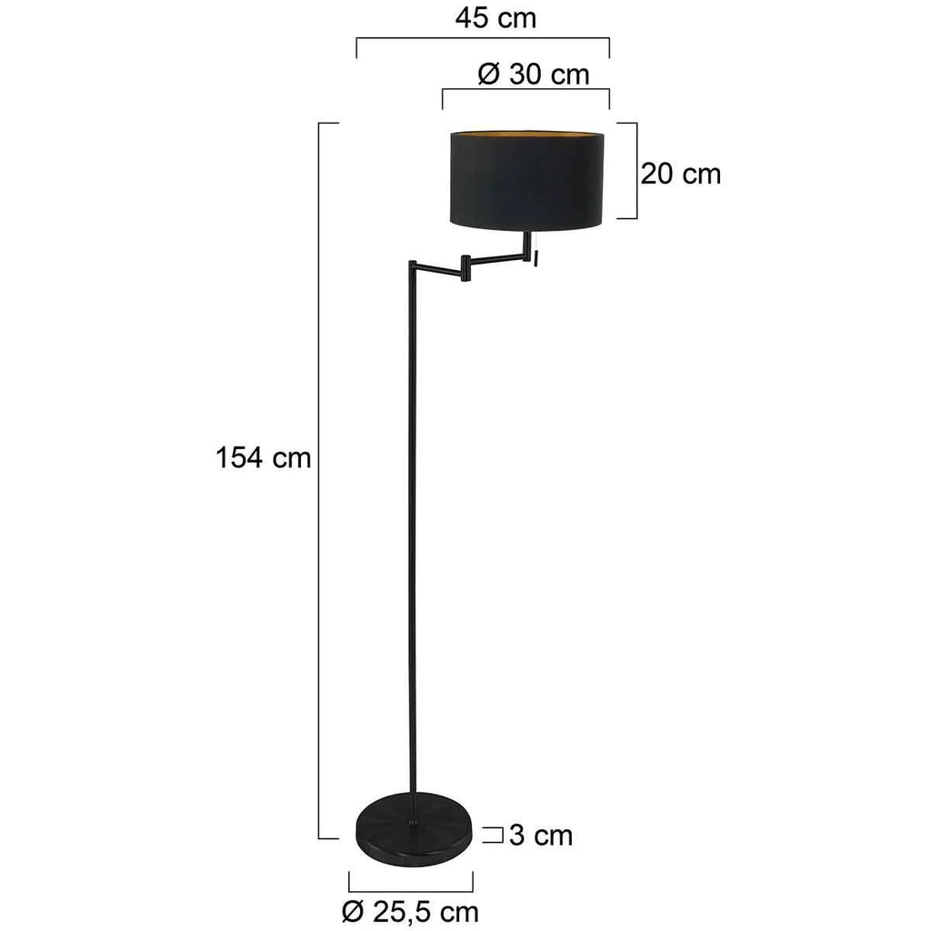 Lampadaire noir avec une base circulaire et un abat-jour cylindrique.