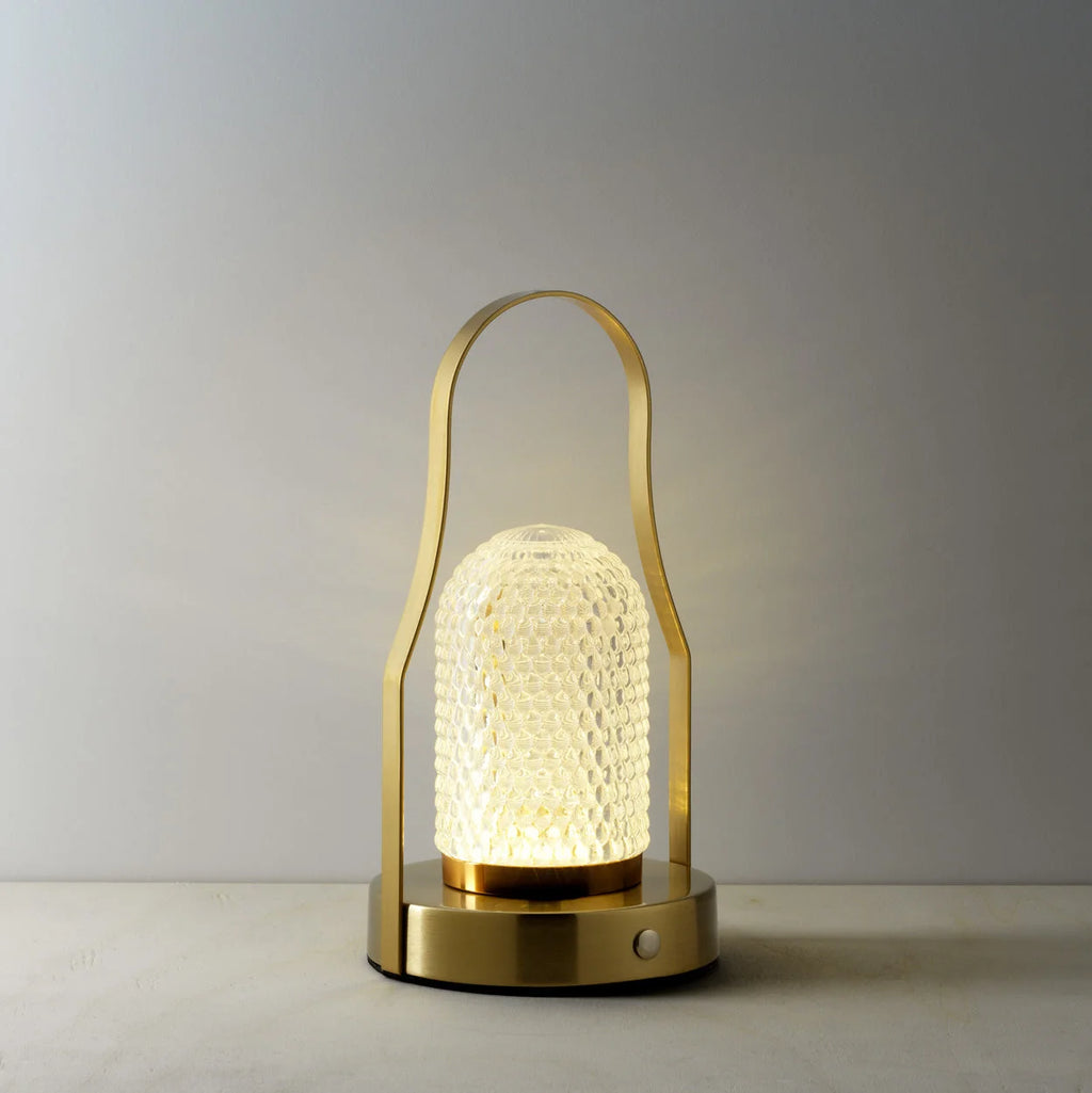 Lampe à poser laiton et verre texturé effet lanterne H23 cm