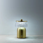 Lampe champignon en laiton brossé et verre strié, H16 cm, or ton, franges cristal