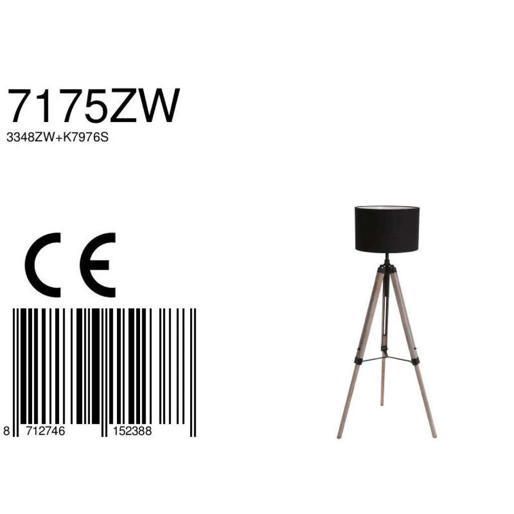 Lampe sur pied trépied en bois avec abat-jour en tissu noir - H165 cm