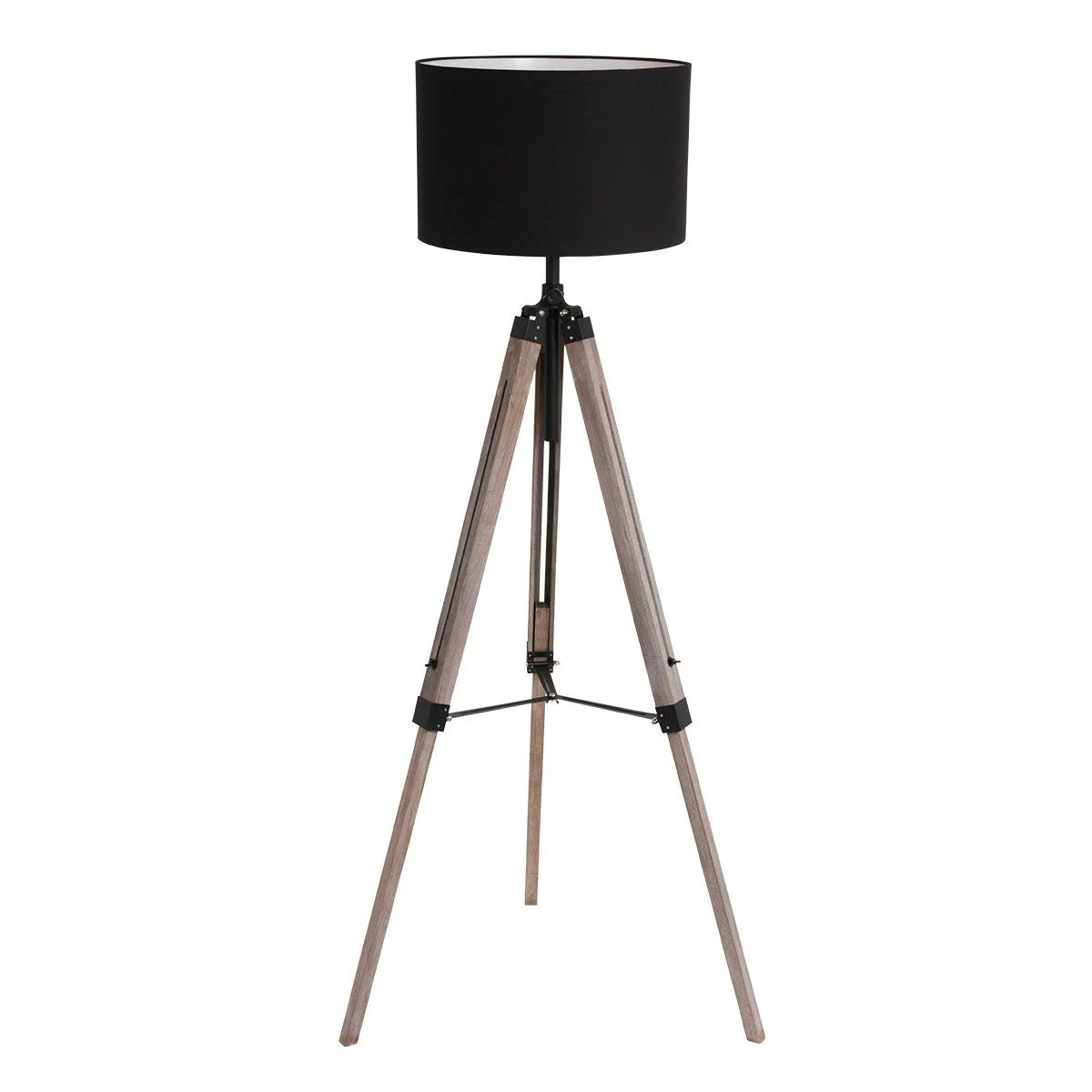 Lampadaire sur pied trépied en bois avec abat-jour en tissu noir H165 cm
