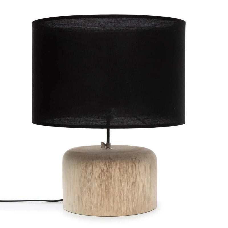 Lampe de table cylindrique en teck avec abat-jour en coton noir – H46 cm