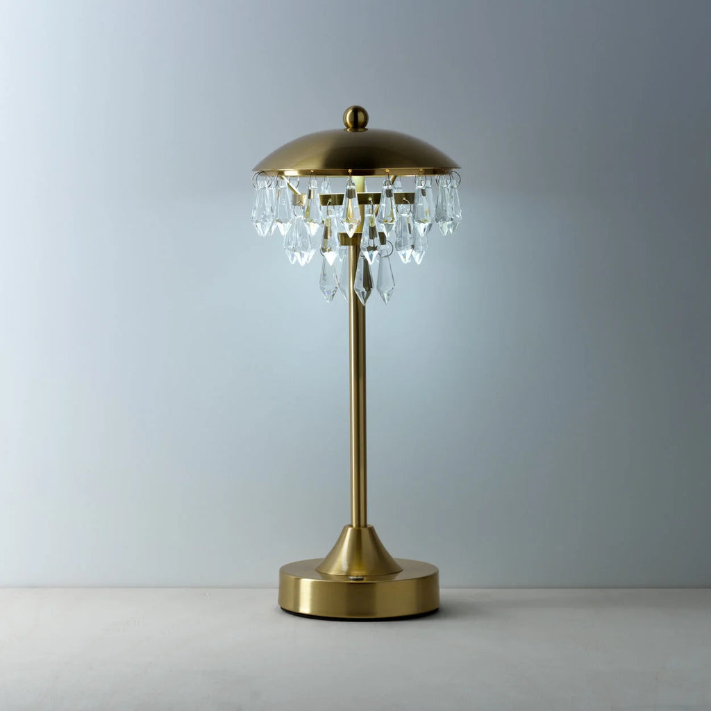 Lampe de table en laiton avec abat-jour dôme et pampilles en verre, H33 cm