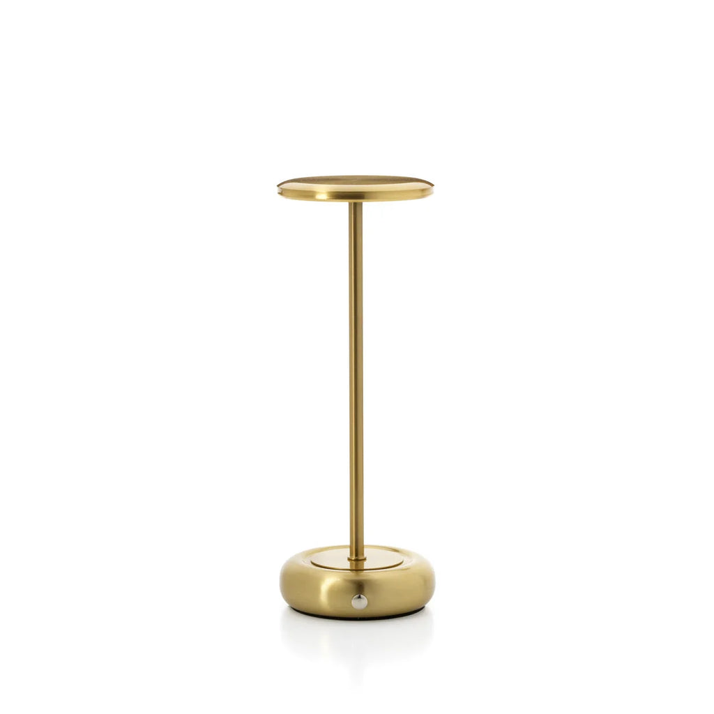 Lampe de table minimaliste en métal laiton, tige cylindrique, tête disque, H27 cm