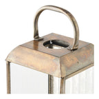 Lanterne en métal vieilli laitonné avec anse arquée et verre clair, H49 cm
