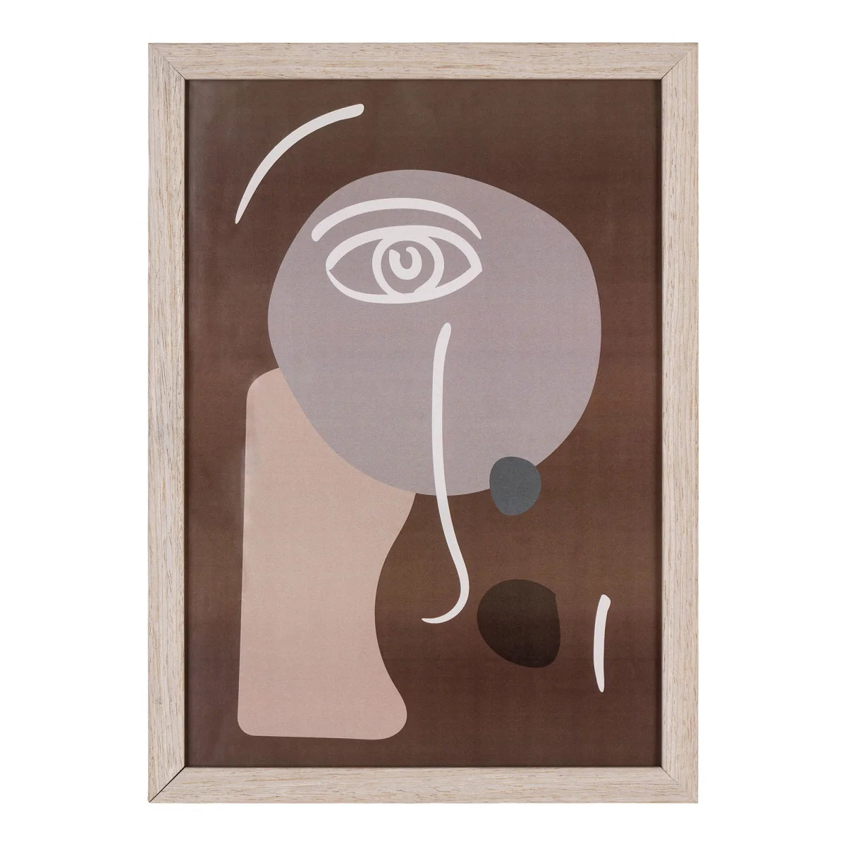 Portrait abstrait en cadre bois clair, lignes blanches minimalistes sur tons beige-marron