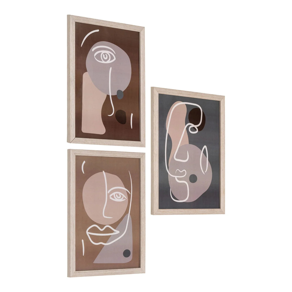 Lot de 3 cadres en bois clair avec impressions abstraites de visages en tons beige et marron