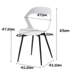 Schéma avec dimensions d’une chaise contemporaine blanche, hauteur et largeur indiquées.