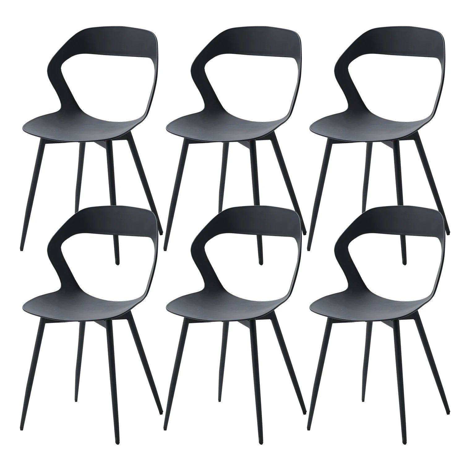 Ensemble de 6 chaises contemporaines noires avec pieds en métal, photographiées sur fond blanc.