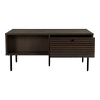Table basse moderne en bois fumé et métal noir avec niche et lattes, 100x50 cm