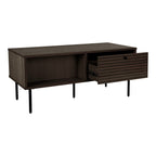 Table basse moderne en bois fumé et métal noir, façade à lattes, 100x50 cm