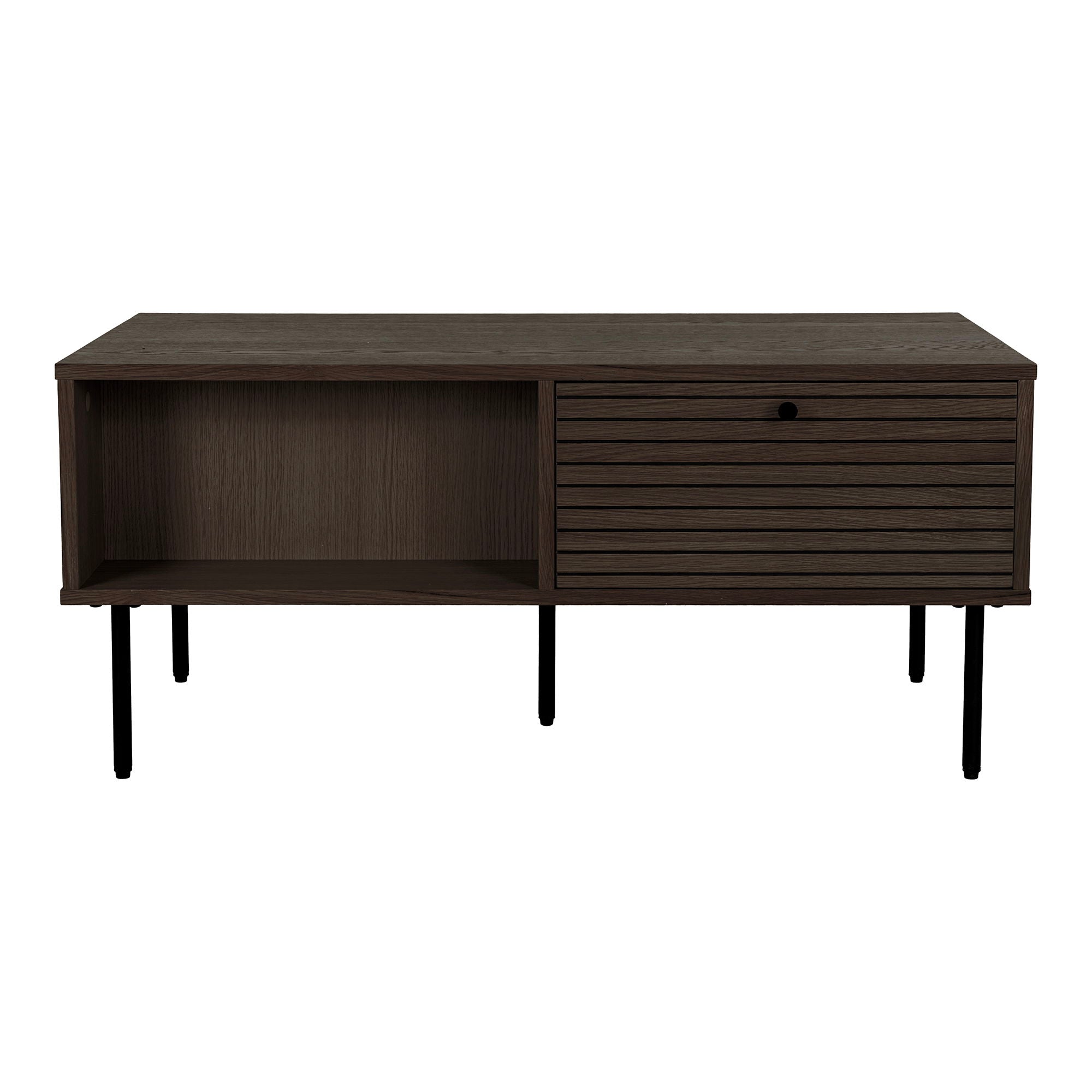 Table basse en bois fumé et métal noir avec niche et lattes, 100x50 cm