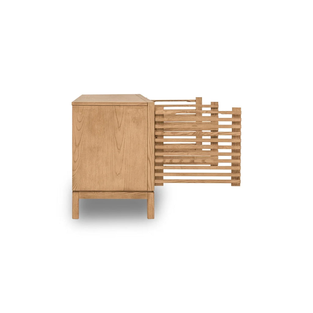 Meuble TV en bois clair à lattes ajourées 124x46 cm