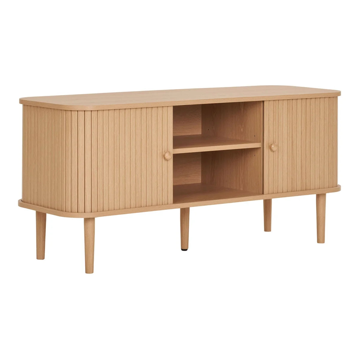Meuble TV en bois clair de chêne avec portes à rainures verticales et pieds fuselés, 113x40 cm