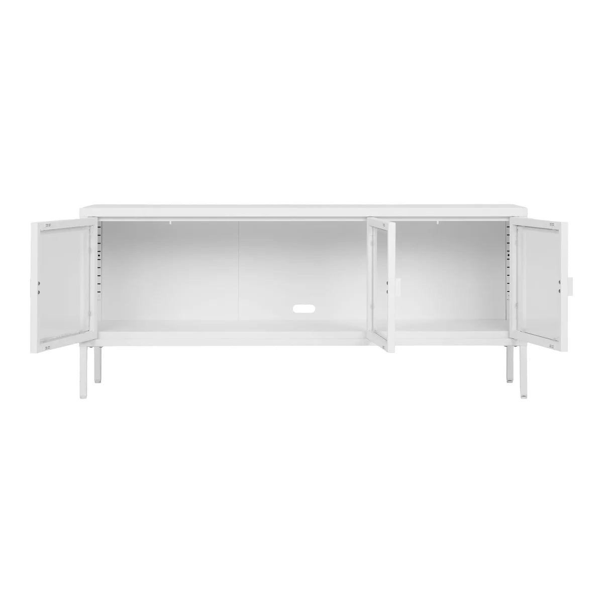 Meuble TV blanc minimaliste en métal, 3 portes vitrées, 130x40 cm